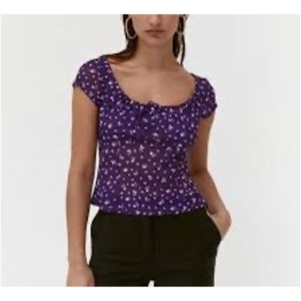 NEW Musier Paris Sheer Mesh Babydoll Top Floral Purple Cropped Small 36 Size 4